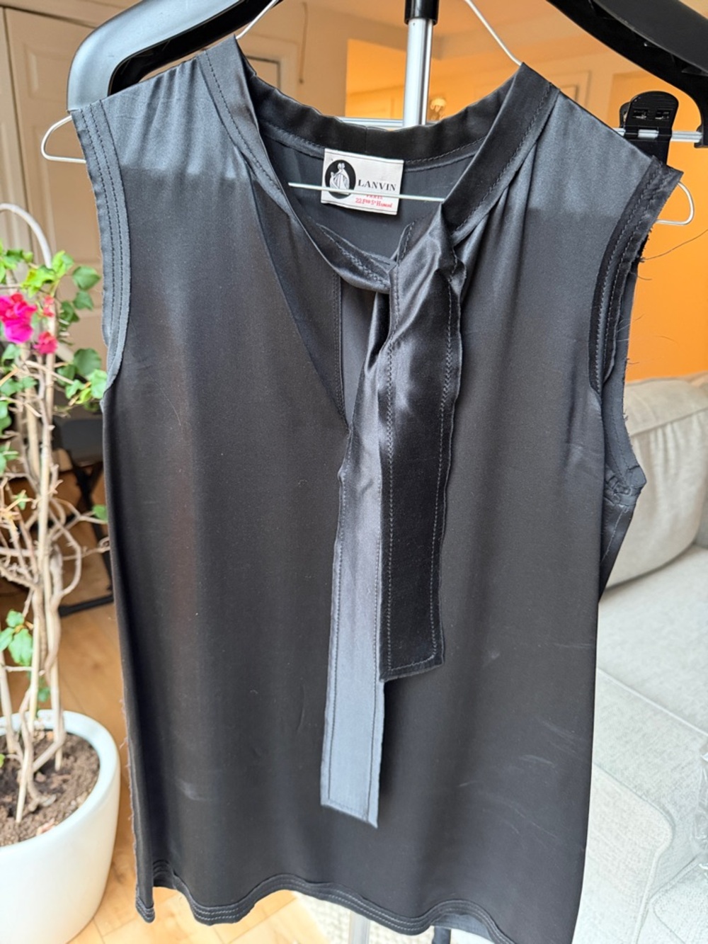 Lanvin Black Satin Tie-Neck Sleeveless Top